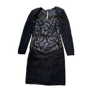 Vintage Dress Black Brocade Wool Sheath 1980s Small / Medium